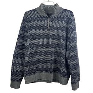 J Crew Mens XL Blue Gray Fair Isle 100% Lambs Wool Sweater Quarter Zip Preppy